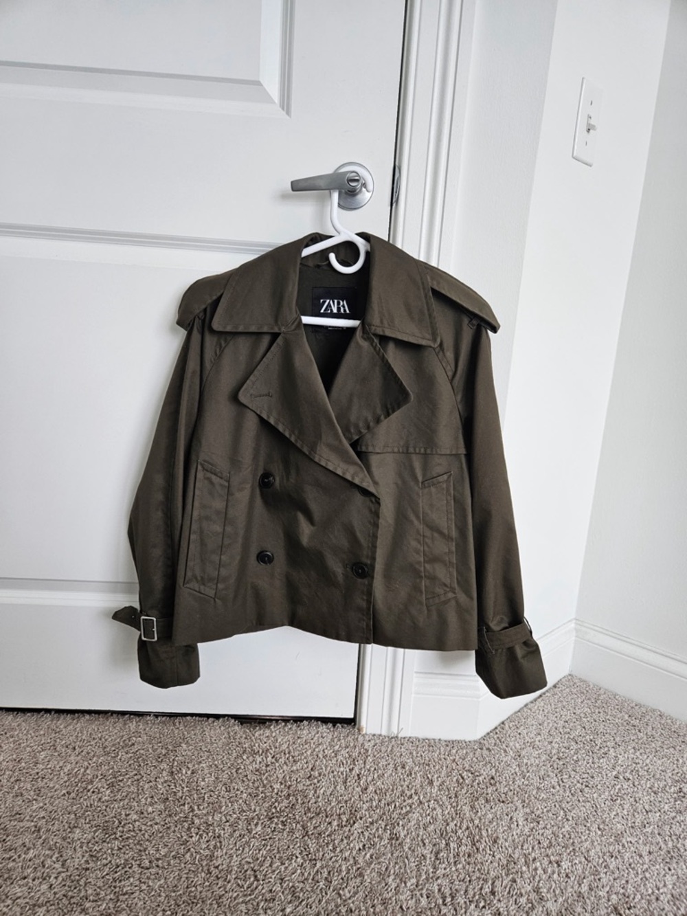 ZARA Olive Green Cropped Double-Breasted Trench